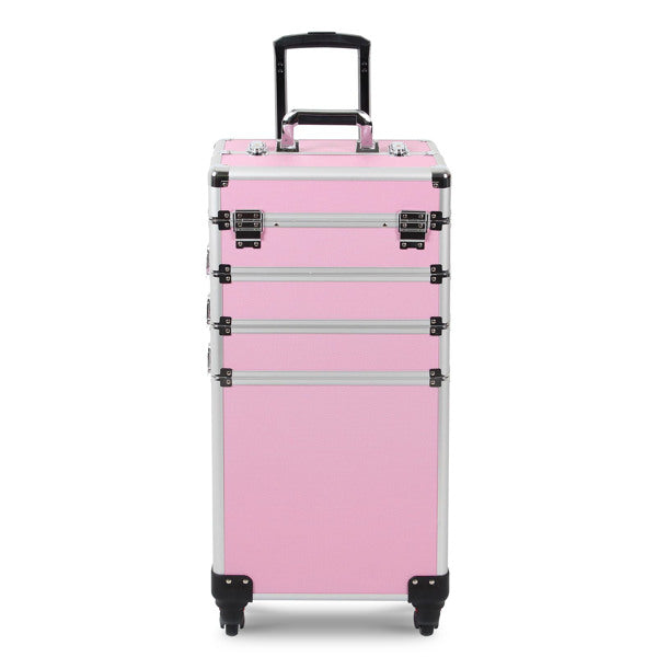 4 in 1 Rolling Makeup Case Makeup Trolley Case With Wheels Makeup Travel Case Organizer (PINK) - Cosmetic Lockable Trolley - Nail Artist Travel Train Organizer Box