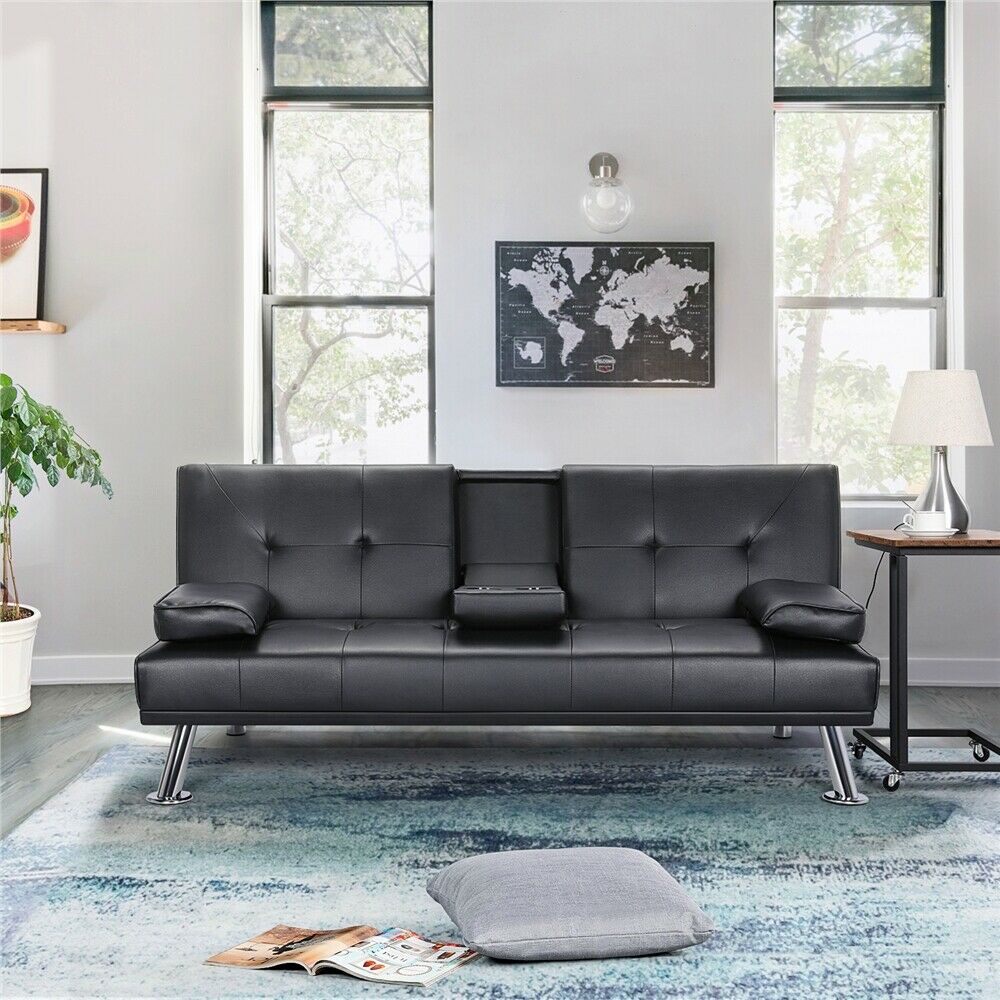Modern Faux Leather Futon Sofa Bed - Fold Up & Down Recliner Couch with Cup Holder - Convertible Futon Sofa w/ Removable Armrests