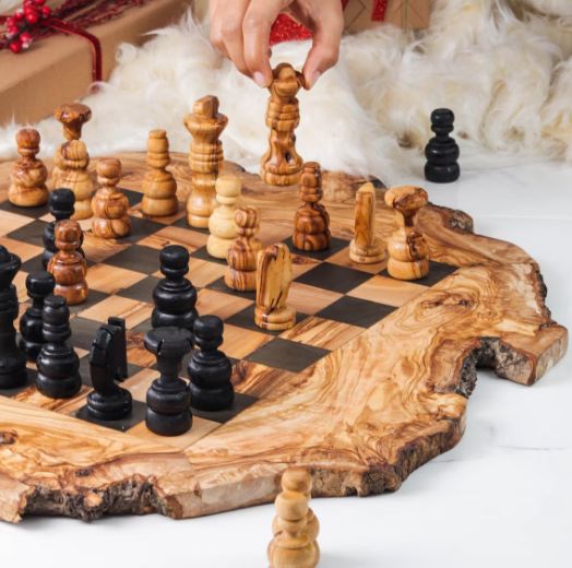 Rustic Chess Set with Rough Edges handmade from Olive Wood | Wooden Chess Board | Gifts for Him (FREE Personalization & Wood Conditioner)