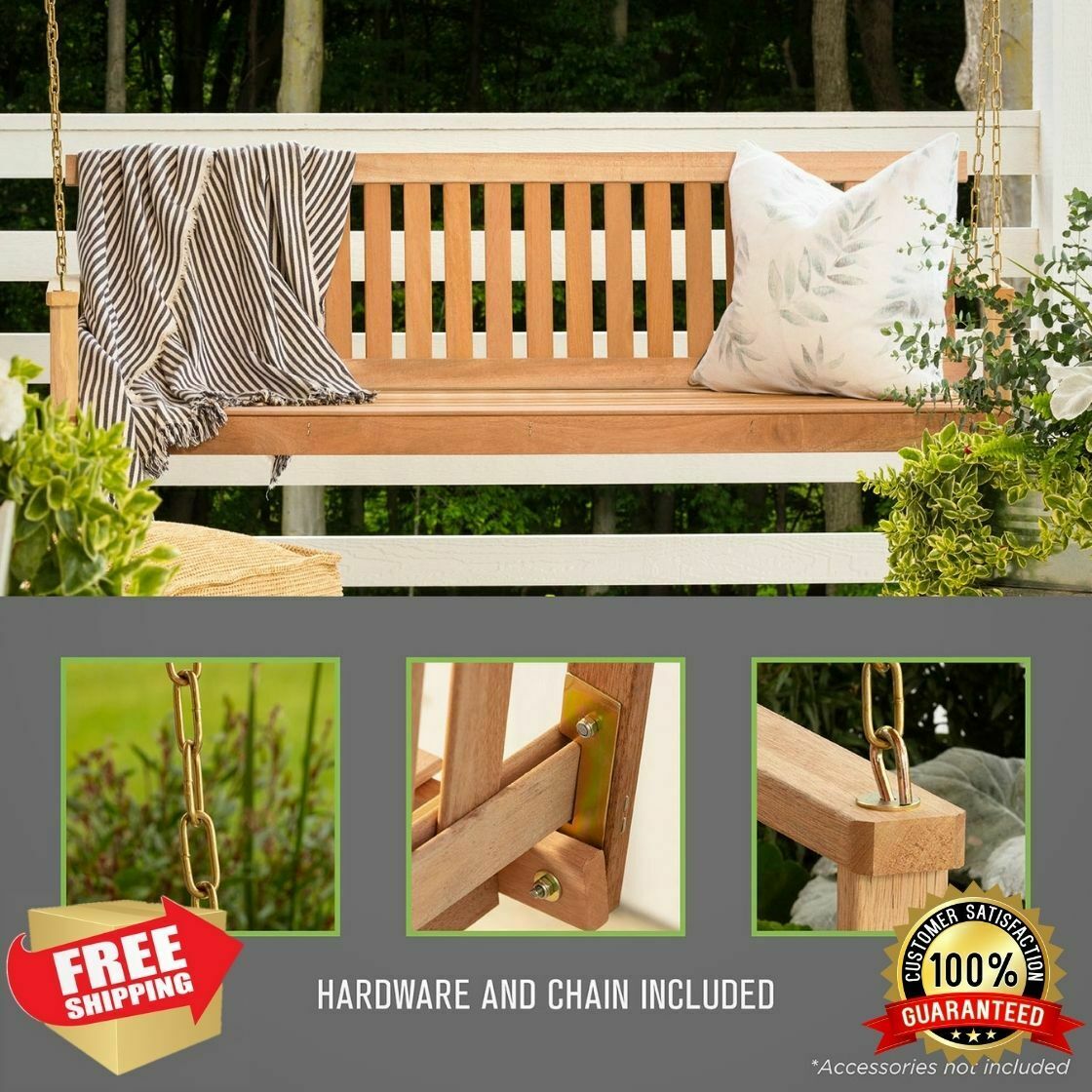 Porch Swing - 4ft Hardwood Porch Swing - Patio Yard Garden Bench Hanging Relaxation