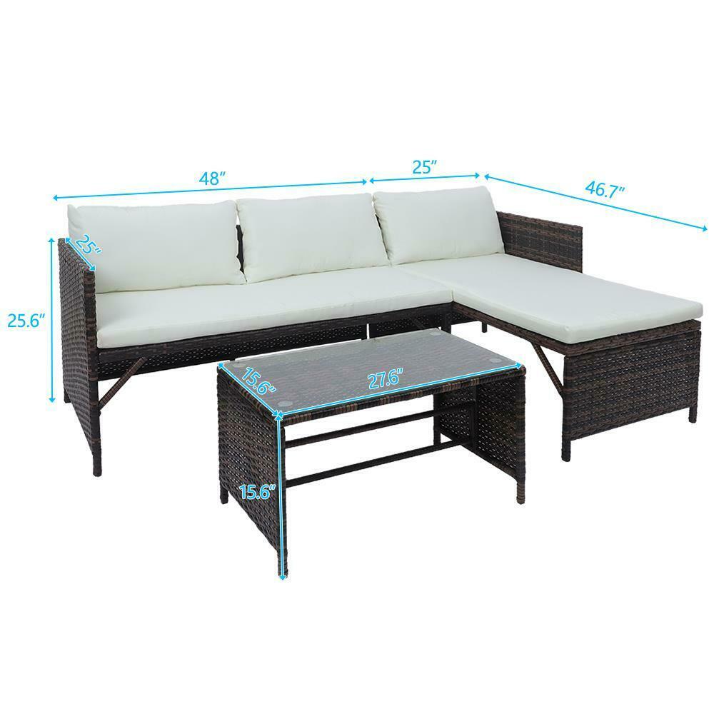 Patio Wicker Furniture Outdoor- 3 Pcs Rattan Sofa - Garden Conversation Table Set US