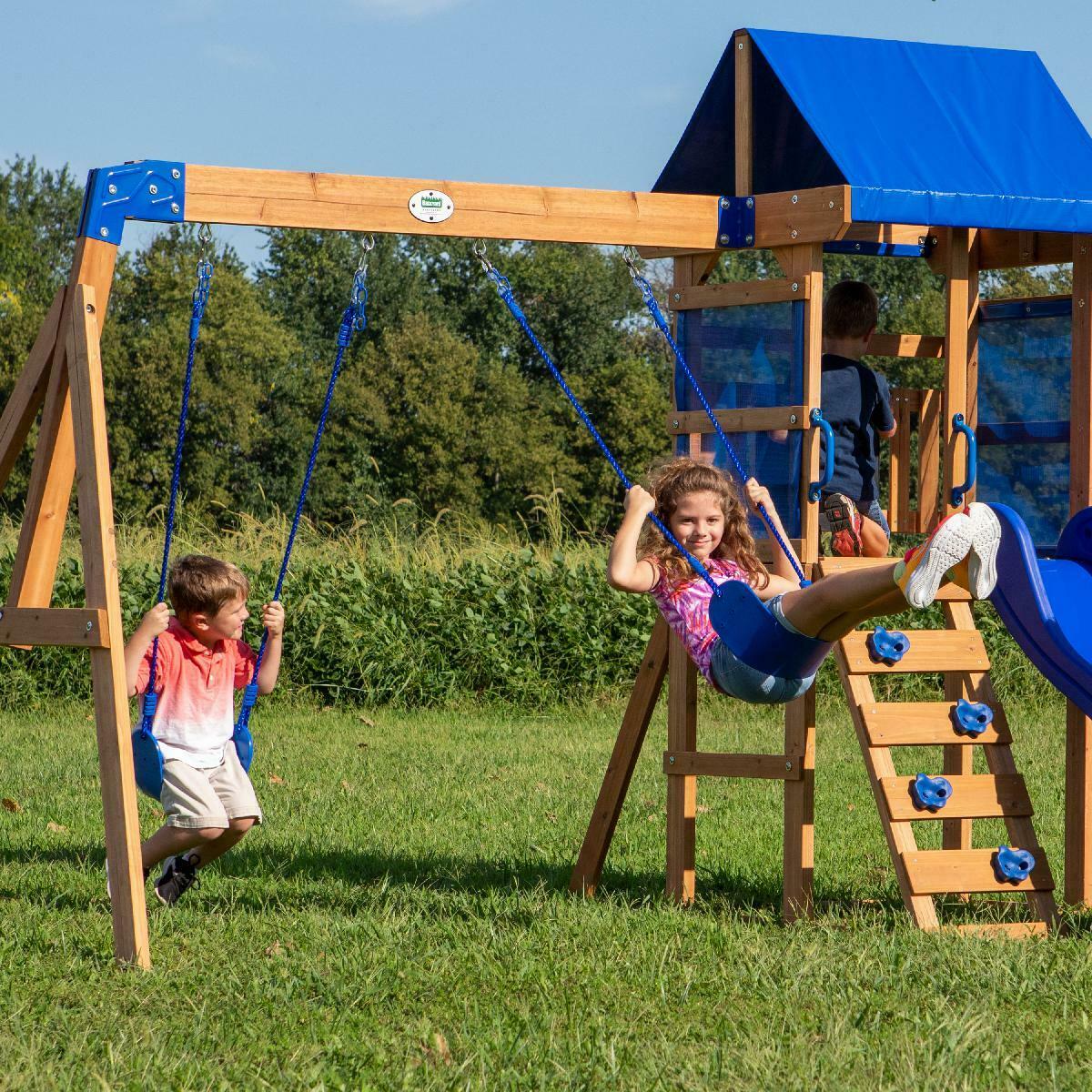 Outdoor Wooden Swing Set - Backyard Clubhouse Slide Swings Playground - Backyard Playset Kids