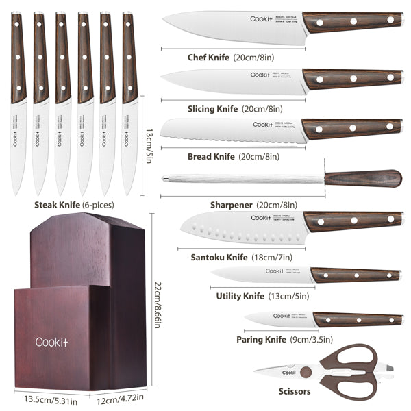 Kitchen Knife Sets, 15 Piece Knife Sets with Block for Kitchen Chef Knife Stainless Steel Knives Set Serrated Steak Knives with Manual Sharpener Knife - Stainless Steel Knives Set - High Carbon Stainless Steel Knife
