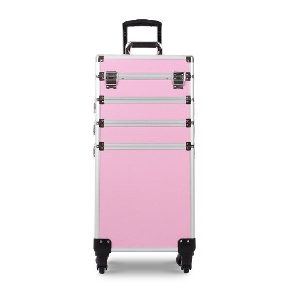 4 in 1 Rolling Makeup Case Makeup Trolley Case With Wheels Makeup Travel Case Organizer (PINK) - Cosmetic Lockable Trolley - Nail Artist Travel Train Organizer Box