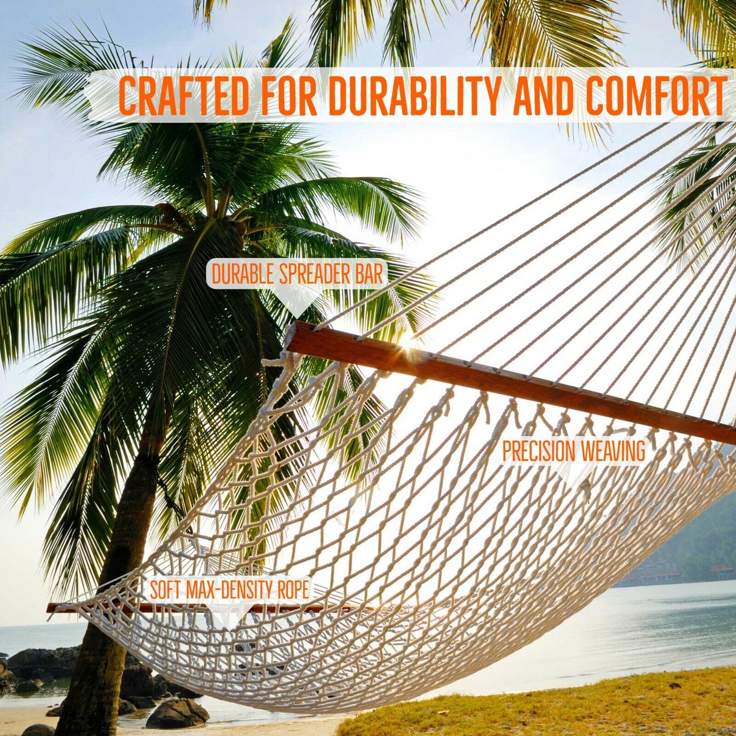13 ft. Double Hammock - Traditional Cotton Rope Hammock with Hanging Hardware - Castaway Living Hammock
