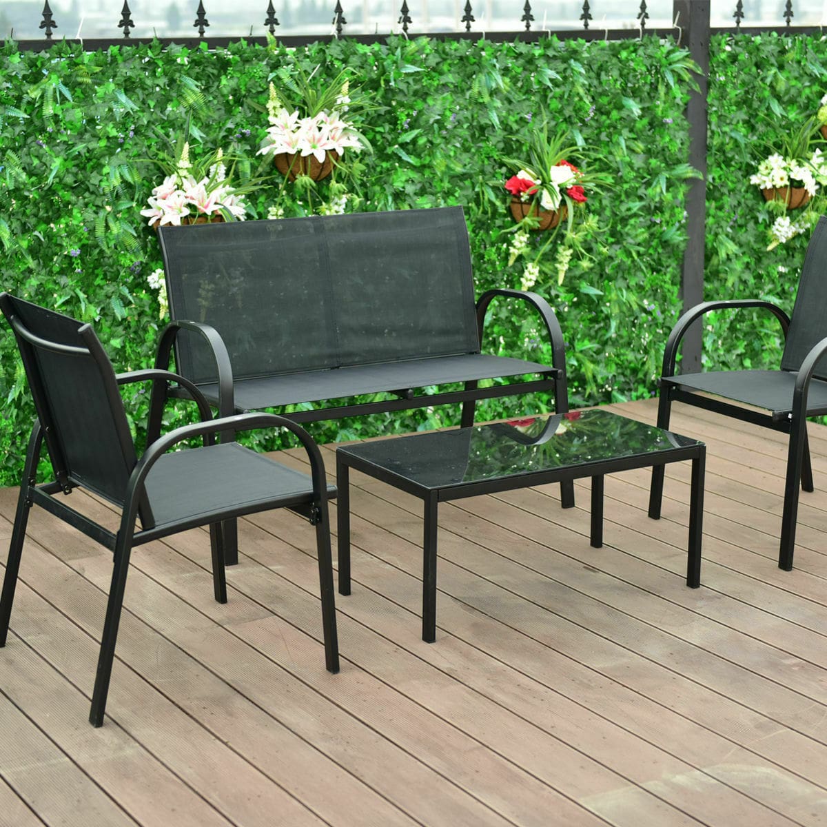 Patio Furniture Set - Coffee Table Steel Frame - Deck Furniture Set - Black, Steel, 4 Piece