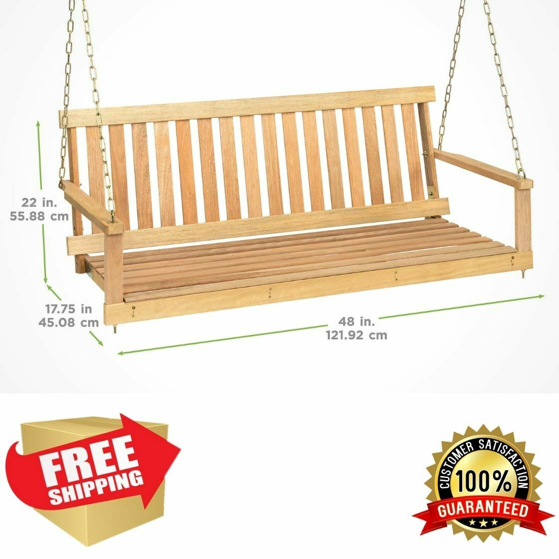 Porch Swing - 4ft Hardwood Porch Swing - Patio Yard Garden Bench Hanging Relaxation