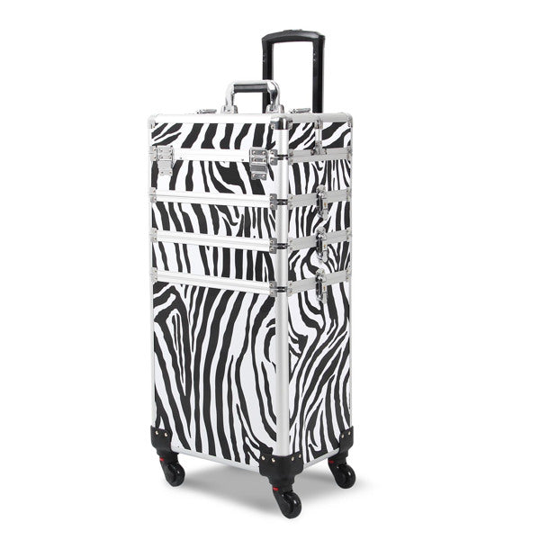 4 in 1 Rolling Makeup Case Makeup Trolley Case With Wheels Makeup Travel Case Organizer (ZEBRA) - Cosmetic Lockable Trolley - Nail Artist Travel Train Organizer Box