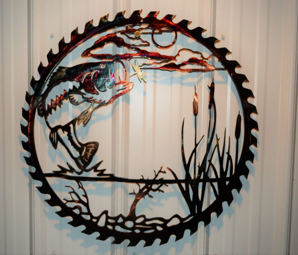 Bass Attack Sawblade Cut Out Northwoods Metal Wall Art - Handmade Metal Wall Decoration - 3D Rustic Wall Art Decoration