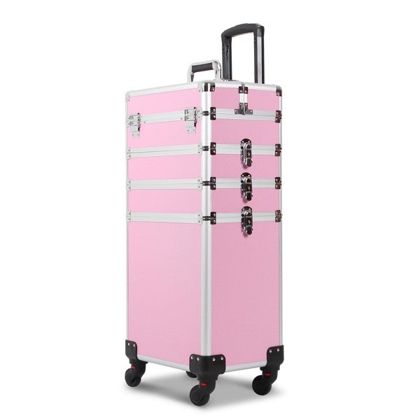 4 in 1 Rolling Makeup Case Makeup Trolley Case With Wheels Makeup Travel Case Organizer (PINK) - Cosmetic Lockable Trolley - Nail Artist Travel Train Organizer Box