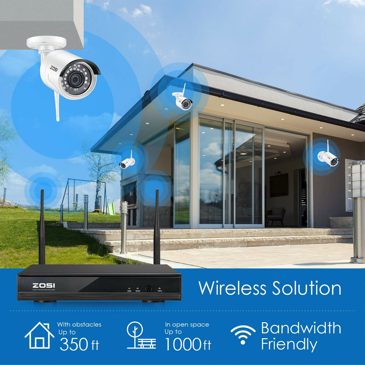 ZOSI - 8CH HD 1080p Wireless Security IP Camera System - 2MP WIFI NVR Kit Outdoor - 8CH HD 1080p CCTV