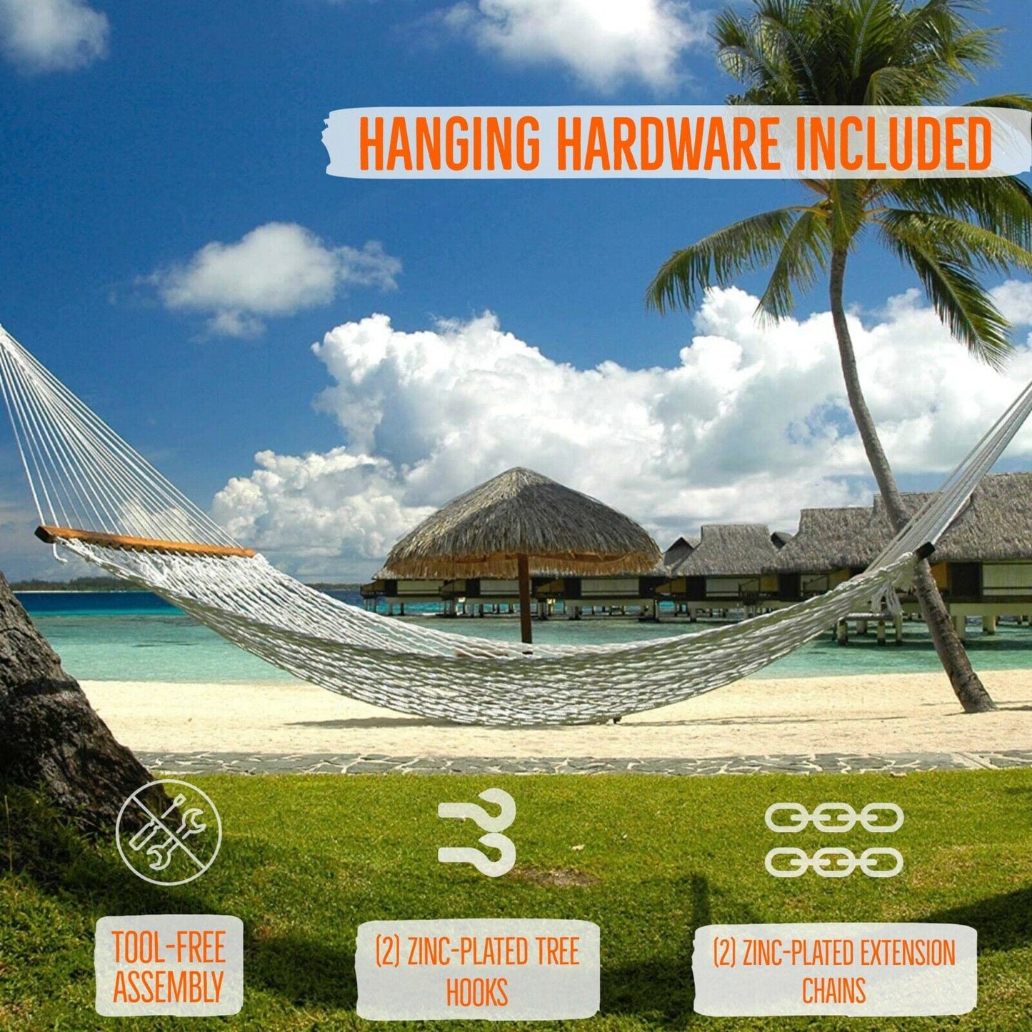 13 ft. Double Hammock - Traditional Cotton Rope Hammock with Hanging Hardware - Castaway Living Hammock
