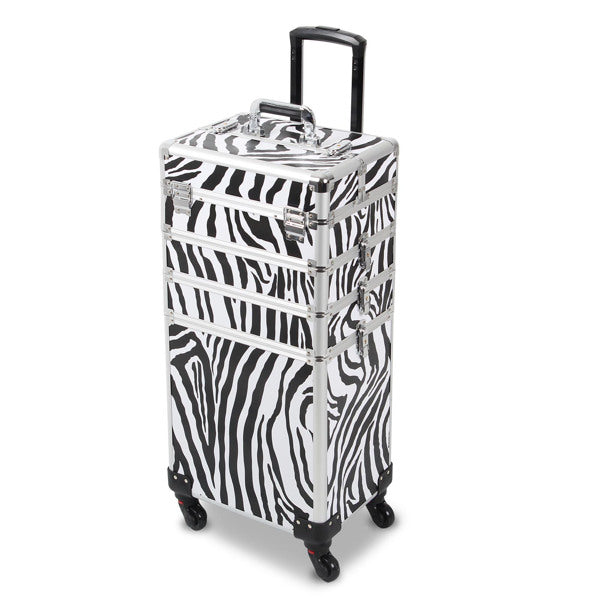 4 in 1 Rolling Makeup Case Makeup Trolley Case With Wheels Makeup Travel Case Organizer (ZEBRA) - Cosmetic Lockable Trolley - Nail Artist Travel Train Organizer Box