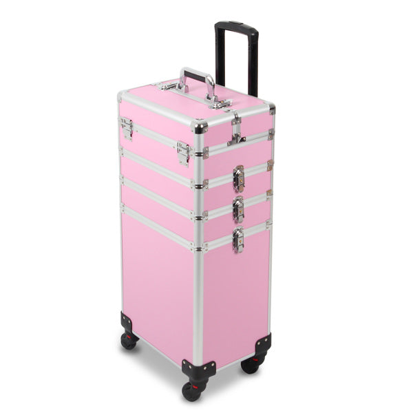 4 in 1 Rolling Makeup Case Makeup Trolley Case With Wheels Makeup Travel Case Organizer (PINK) - Cosmetic Lockable Trolley - Nail Artist Travel Train Organizer Box
