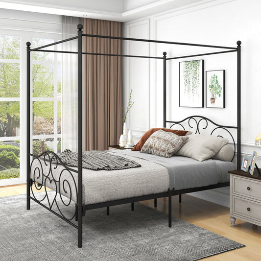 Metal Canopy Bed Frame with Vintage Style Headboard & Footboard - Metal Canopy Bed Frame Full- Canopy Bed with Headboard
