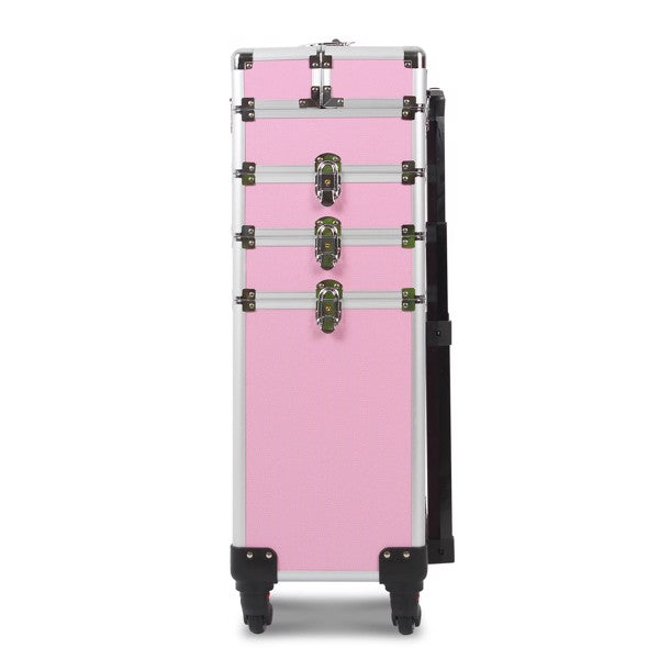 4 in 1 Rolling Makeup Case Makeup Trolley Case With Wheels Makeup Travel Case Organizer (PINK) - Cosmetic Lockable Trolley - Nail Artist Travel Train Organizer Box