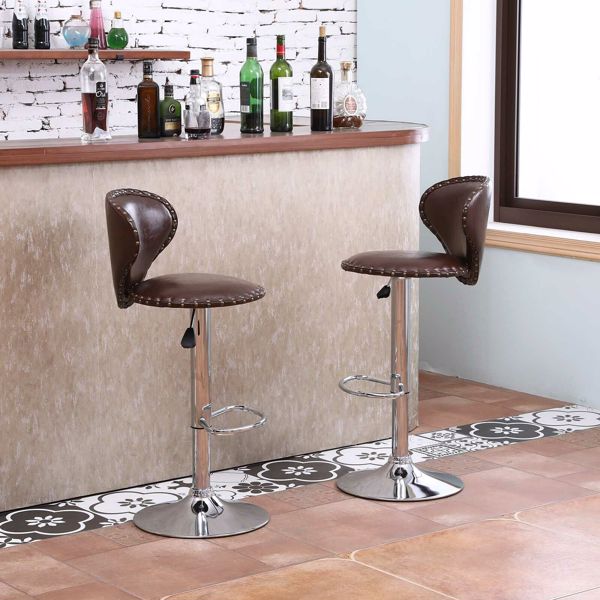 Modern Set - 2 Brown Bar Stools with Back Dining - Counter PU Chairs - 360° Swivel Stool