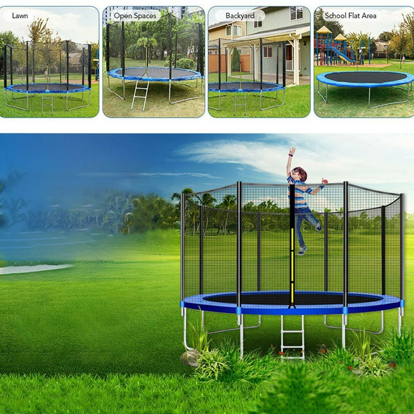 12 ft Kids Trampoline - Trampoline with Enclosure Net - Jumping Mat and Spring Cover Padding - KidsFriendly Trampoline