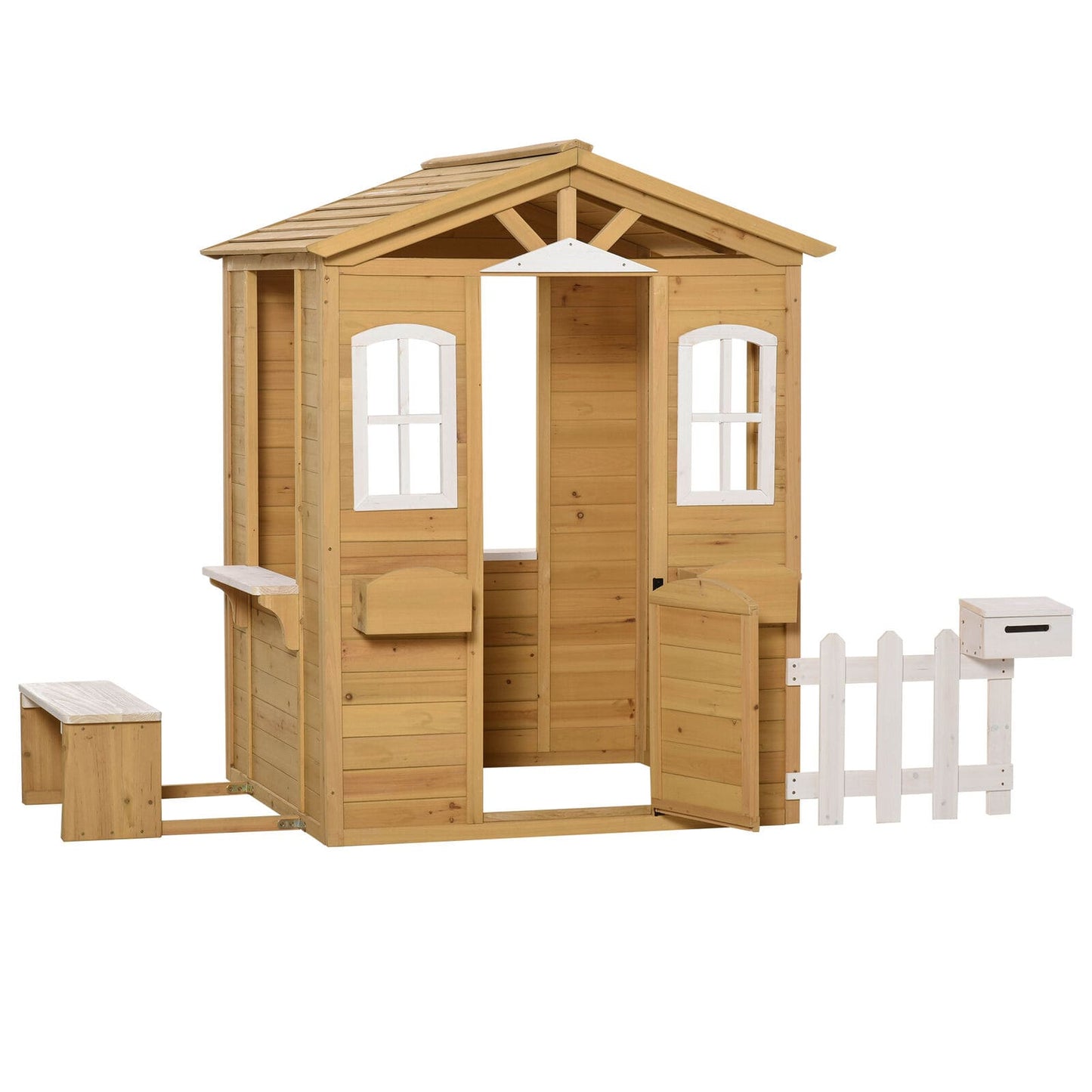 Kids Outdoor Playhouse with Fence and Serving Station - Kids Wooden Playhouse - Playhouse for Kids Toddler