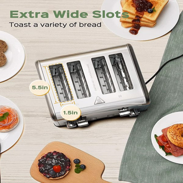 4 Slice Stainless Steel Toaster - Bagel Function Stainless Toaster with LED Timer Display - Extra Wide Slot with Removable Crumb Slot