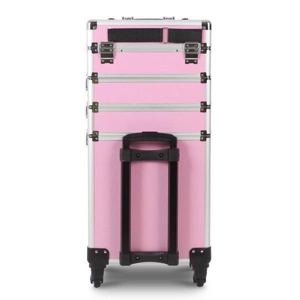 4 in 1 Rolling Makeup Case Makeup Trolley Case With Wheels Makeup Travel Case Organizer (PINK) - Cosmetic Lockable Trolley - Nail Artist Travel Train Organizer Box