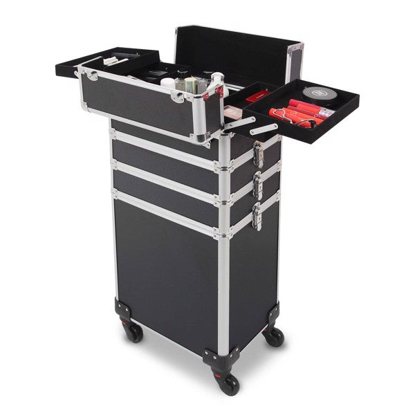 4 in 1 Rolling Makeup Case Makeup Trolley Case With Wheels Makeup Travel Case Organizer (BLACK) - Cosmetic Lockable Trolley - Nail Artist Travel Train Organizer Box