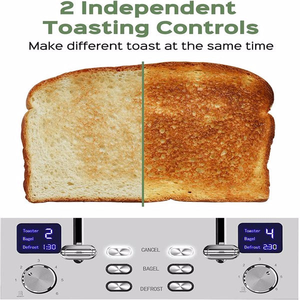 4 Slice Stainless Steel Toaster - Bagel Function Stainless Toaster with LED Timer Display - Extra Wide Slot with Removable Crumb Slot