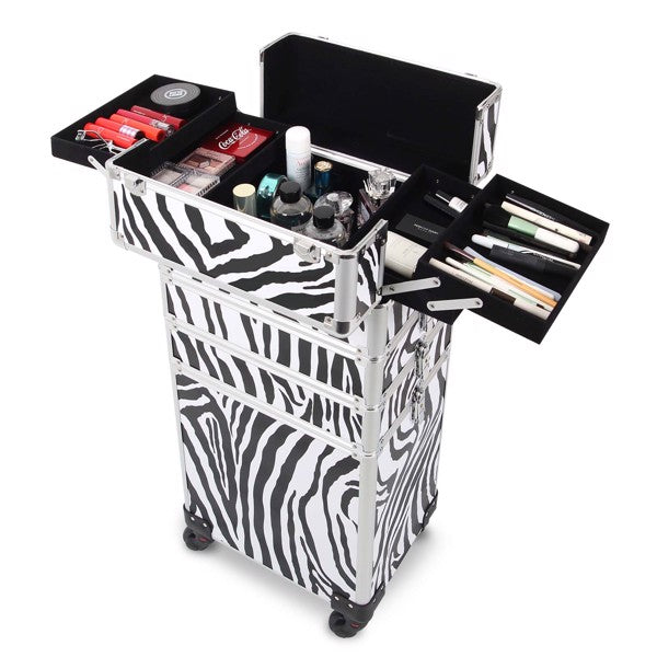 4 in 1 Rolling Makeup Case Makeup Trolley Case With Wheels Makeup Travel Case Organizer (ZEBRA) - Cosmetic Lockable Trolley - Nail Artist Travel Train Organizer Box