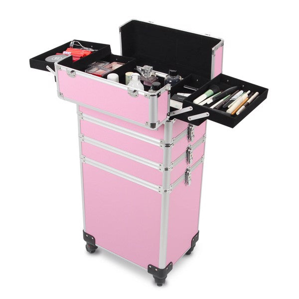 4 in 1 Rolling Makeup Case Makeup Trolley Case With Wheels Makeup Travel Case Organizer (PINK) - Cosmetic Lockable Trolley - Nail Artist Travel Train Organizer Box
