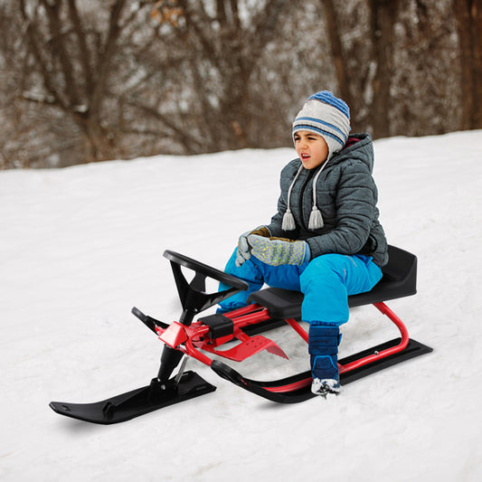 Snow Racer Sled with Steering Wheel, Pull Rope, Twin Brakes and Steel Frame – For Ages 4 and Up