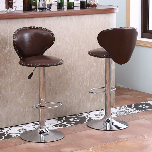 Modern Set - 2 Brown Bar Stools with Back Dining - Counter PU Chairs - 360° Swivel Stool