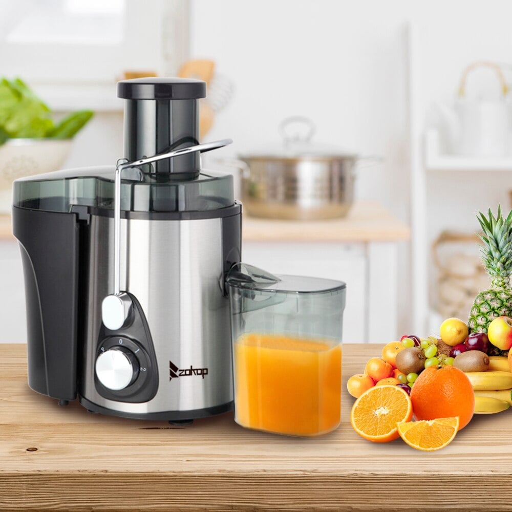 ZOKOP American Standard - Double Gear Electric Juicer Stainless Steel - 75MM Large Caliber - 600ML Juice Cup - 1000ML Slag Cup