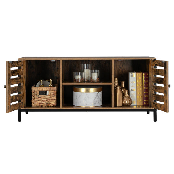 HODELY Retro Brown Industrial Style Indoor Living Room Louver Shape Double Door Double Shelf TV Cabinet