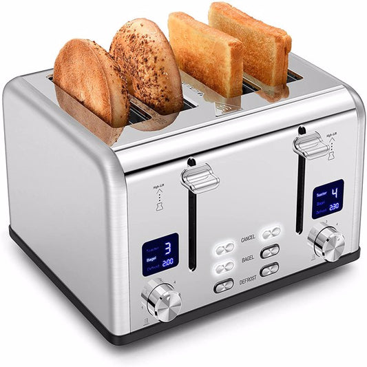 4 Slice Stainless Steel Toaster - Bagel Function Stainless Toaster with LED Timer Display - Extra Wide Slot with Removable Crumb Slot
