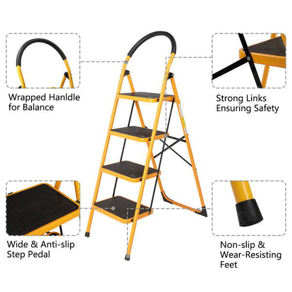 4 Step Ladder Folding Step Stool - Lightweight Ladder with Handgrip Anti-Slip - Wide Pedal