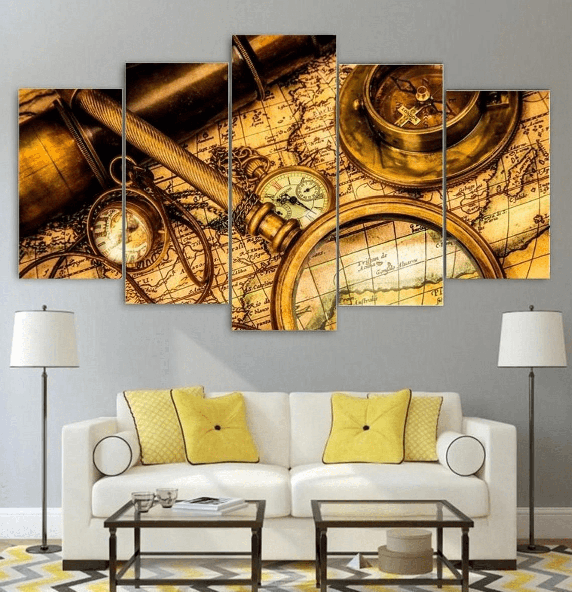 Nautical Map Wall Art Canvas Framed Print- Home Vintage Compass - World Map Decor - Gift Idea Painting Poster 5 Panel
