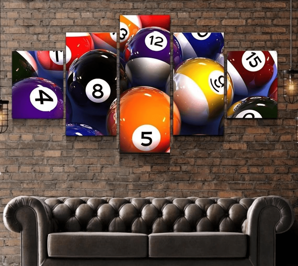 Pool Table Canvas Framed - Home Billiards Decor Wall Art - Painting Man Cave Poster - Framed Gift Idea 5 Piece