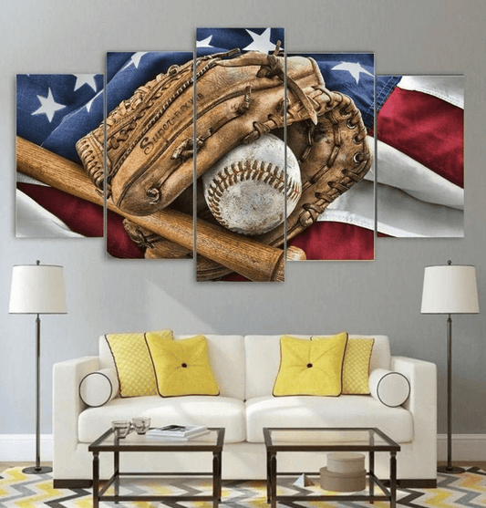 Baseball Canvas Framed - Vintage Decor USA Flag - Wall Art 5 Panel Rustic Painting - Poster Framed Gift Idea - Man Cave Print