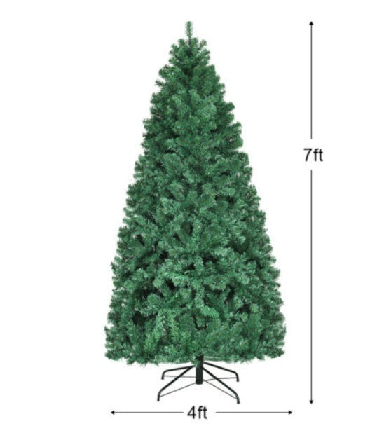 7-ft Pre-Lit Christmas Tree Hinged w/ 300 LED Lights & Stand – Green PVC Material