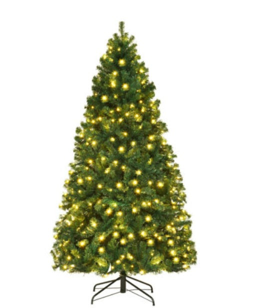 7-ft Pre-Lit Christmas Tree Hinged w/ 300 LED Lights & Stand – Green PVC Material