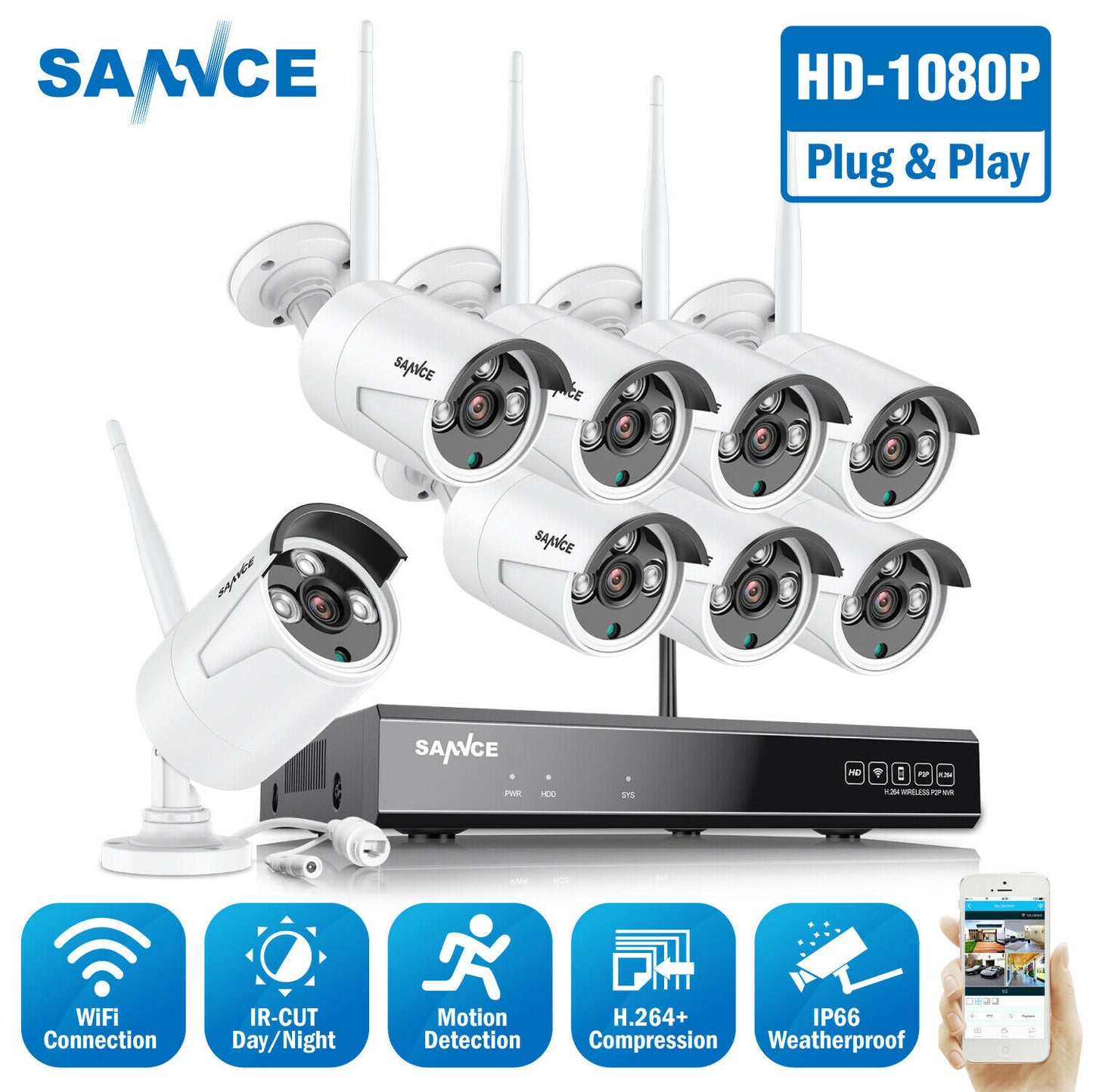 10 Units - SANNCE Wireless 1080P Security Camera System 8CH NVR IP Network Outdoor IR Night