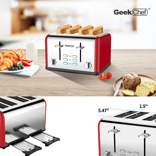 Stainless Steel Extra-Wide Slot Toaster with Dual Control Panels of Bagel/Defrost/Cancel Function, Silver-red