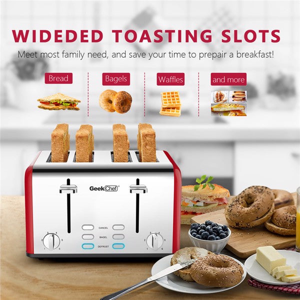 Stainless Steel Extra-Wide Slot Toaster with Dual Control Panels of Bagel/Defrost/Cancel Function, Silver-red