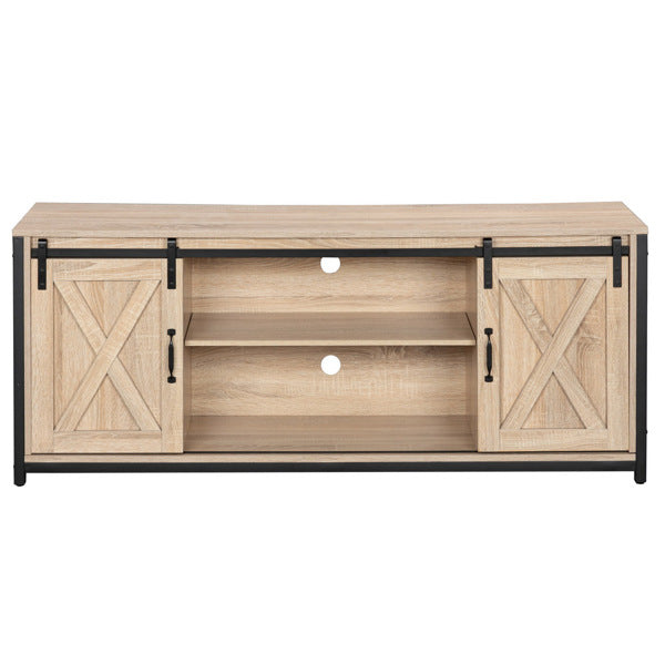 FCH 3-layer Double Barn Door with Sliding Rail X-shaped Panel TV Cabinet MDF