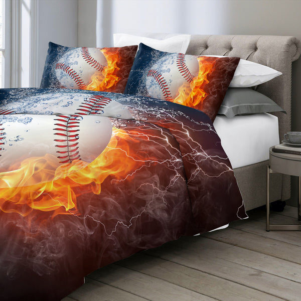 Ice and Fire Baseball Duvet Cover Sports Theme Bedding Cool Flames Teen Duvet Cover Ball Bedding Set
