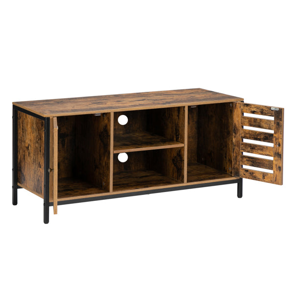 HODELY Retro Brown Industrial Style Indoor Living Room Louver Shape Double Door Double Shelf TV Cabinet