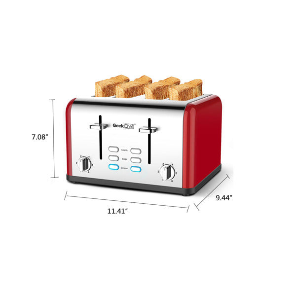 Stainless Steel Extra-Wide Slot Toaster with Dual Control Panels of Bagel/Defrost/Cancel Function, Silver-red