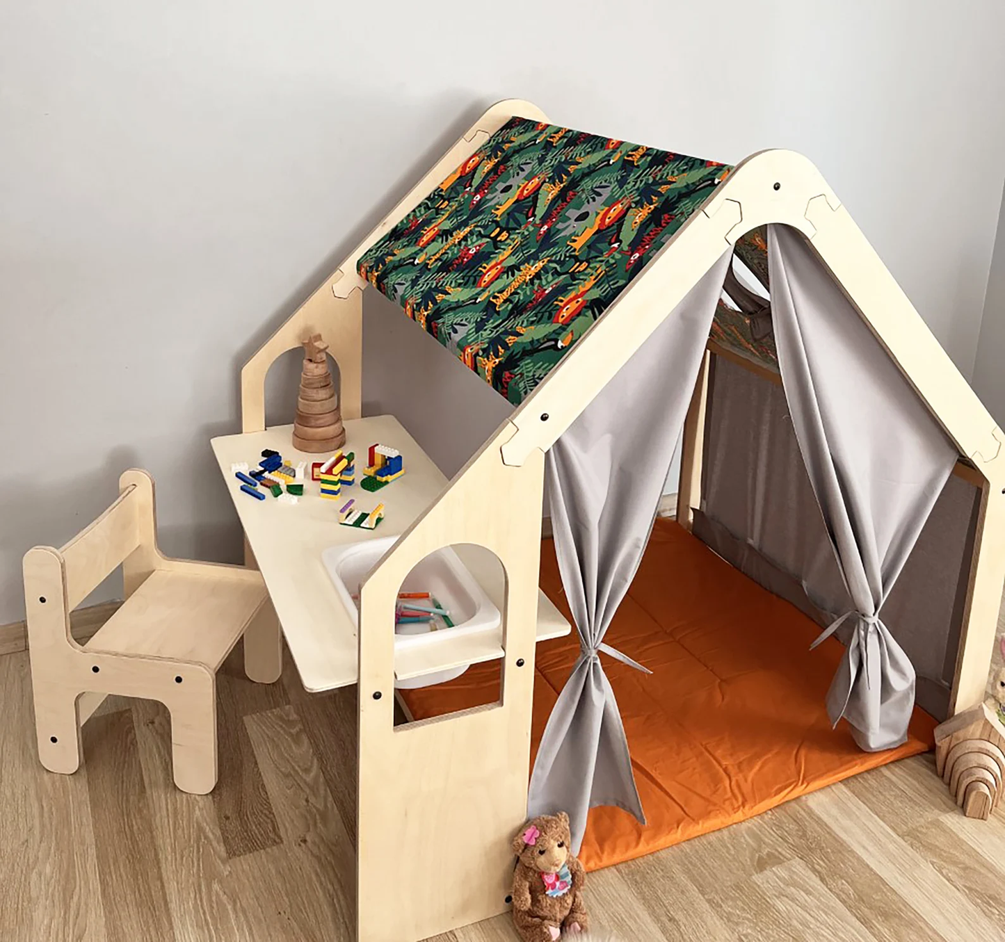 Kids Play House with Pink Tent and White Curtain - Indoor Playhouse with Table and Chair, Kids Play Furniture