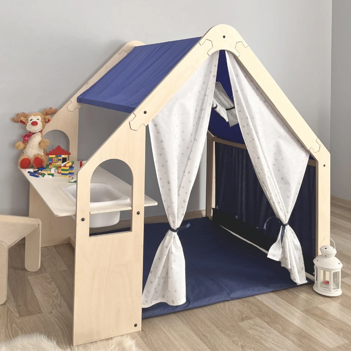 Kids Play House with Pink Tent and White Curtain - Indoor Playhouse with Table and Chair, Kids Play Furniture