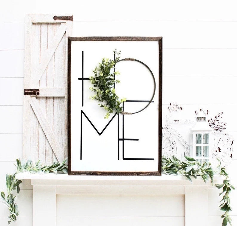 HOME Letters With Wreath - Modern Framed Wood Sign Decor